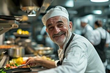 Portrait of a senior chef standing in a restauran and smiling.
