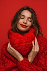 Beautiful woman holding a red heart on a red background