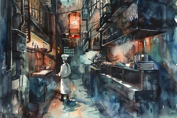 A watercolor painting of a chef standing in a narrow alleyway