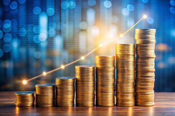 Coins are laid out in graph.Business success concept wealth stock investment.Business in the digital age
