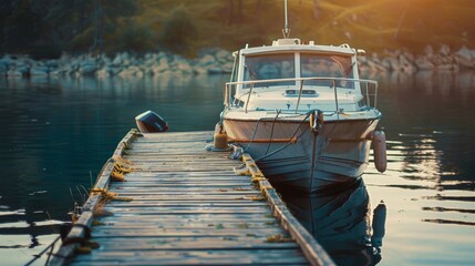 Naklejka premium Idyllic cabin cruiser docked at a wooden pier, perfect for relaxation and fishing.