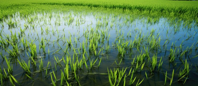Field with excess water creating a reflective surface suitable for a copy space image
