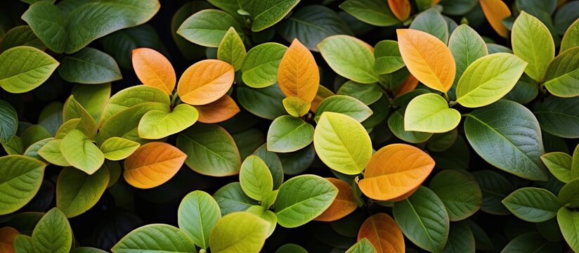 A leafy background featuring yellow green and orange leaves of the Grewia asiatica plant also known as Phalsa or Falsa with copy space image