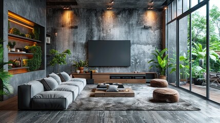 Blank style entertainment room with minimalist decor sleek furniture and modern technology