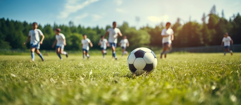 School children practicing football on a grass field during a summer training camp with a group of kids running and kicking soccer balls in an image with copy space