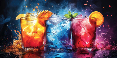 Iced drinks in colorful glasses with splashes and a vibrant background.