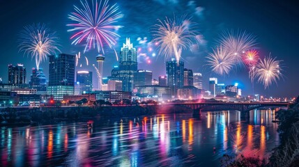 Fototapeta premium City skyline at night with fireworks, cityscape with festive celebration.