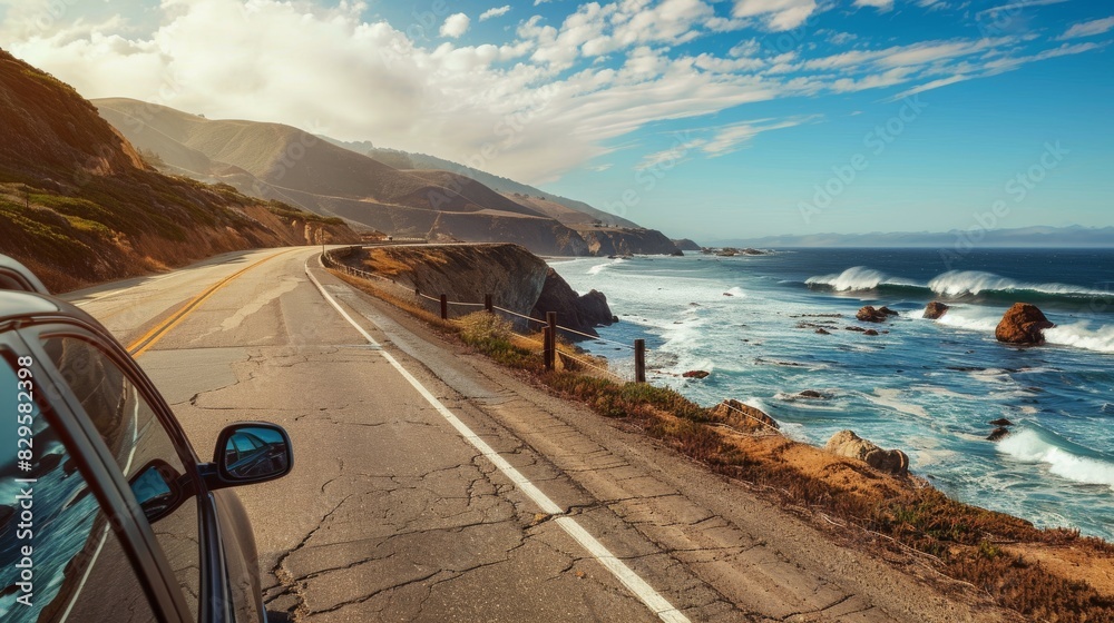 Wall mural Scenic coastal highway road trip with crashing waves. Winding road along coastline, blue ocean water, and dramatic cliffs.