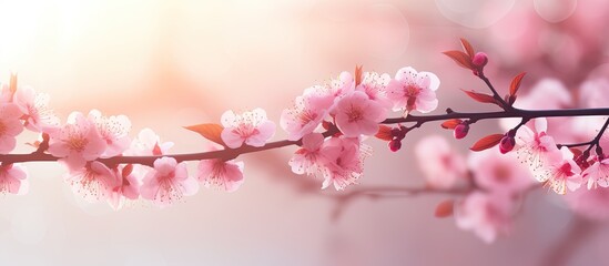 Obraz premium Chinese cherry branches filled with gorgeous pink flowers under the sun on a beautiful morning in a vibrant scene suitable for a copy space image