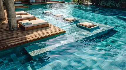 A pool with a floating deck and submerged loungers