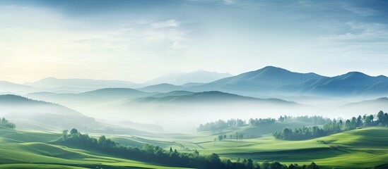 Fototapeta premium Misty morning haze with a copy space image above the rural landscape