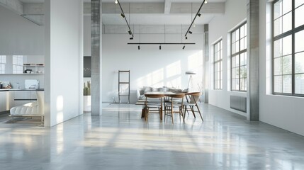 A spacious and airy loft apartment with white walls and open floor plan, showcasing modern minimalist design principles and a sense of tranquility.