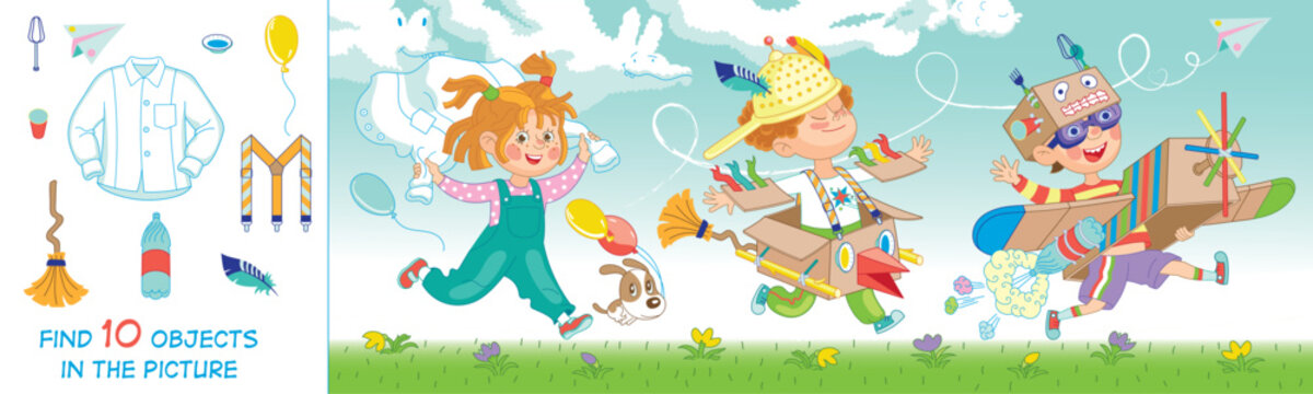 Children constructed airplanes from boxes, sticks, pinwheels, balls and PET bottles. Fun game. Vector illustration. Find 10 objects in the picture. Funny cartoon characters.Print