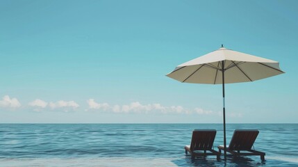 Relaxing beach scene with umbrella and lounge chairs. Beach umbrella providing shade, comfortable lounge chairs for sunbathing.