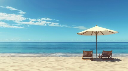 Relaxing beach scene with umbrella and lounge chairs. Beach umbrella providing shade, comfortable lounge chairs for sunbathing.