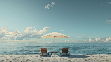 Obraz premium Relaxing beach scene with umbrella and lounge chairs. Beach umbrella providing shade, comfortable lounge chairs for sunbathing.