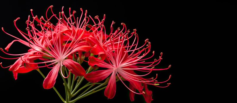 This flower known as the Red Spider Lily with the scientific name Lycoris Radiata is displayed in a photograph with copy space image
