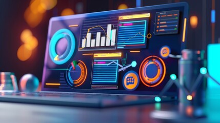 Fototapeta premium 3D Visualization, SEO Optimization, Web Analytics & Marketing. Modern and visually appealing illustration for digital marketing.