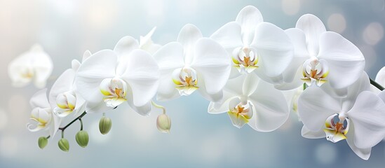 Fototapeta na wymiar Fresh floral background with blooming white moth orchid flowers Macro shot in a greenhouse with copy space image
