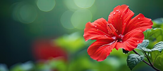 Vivid red hibiscus bloom framed by lush green foliage against a blurred bokeh background perfect as a copy space image - Powered by Adobe