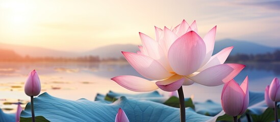Sacred Lotus a beautiful flower with a striking appearance in a serene setting perfect for copy space image