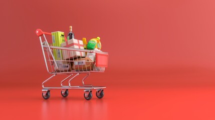3d rendering shopping cart with different products isolated on flat background.