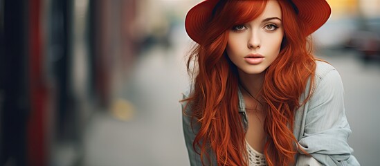 Fototapeta premium Hipster girl with vibrant red hair wearing a stylish hat posing in an urban setting with a fashion forward look ideal for a copy space image