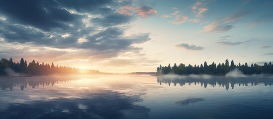 Fototapeta premium Sunrise on a river at night with clouds reflecting on the water creating a peaceful and serene copy space image