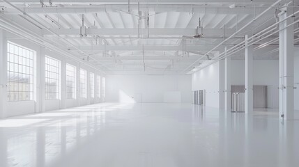 Empty white warehouse interior with clean, open space and a pristine white background, emphasizing the vast, uncluttered area