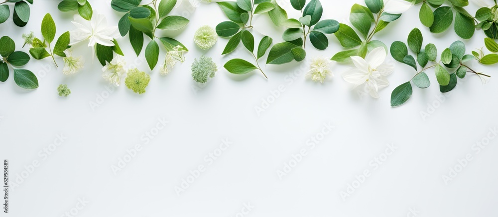 Wall mural nature inspired flat lay creative layout featuring green leaves and flowers creating a refreshing co