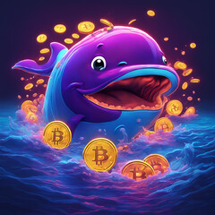 Neon 3D image of a funny, large whale that swallows various cryptocurrencies, e.g. bitcoin, etherneum, pepe and shibainu, while swimming against the current. it has expressive colors and a friendly ap