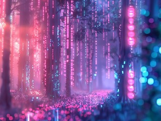 Fototapeta premium Digital jungle scene with glowing lights and binary code