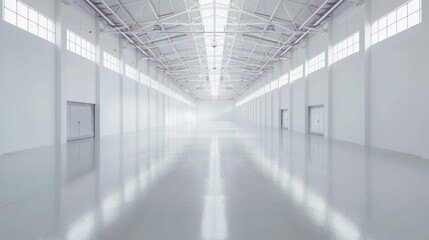 Empty white warehouse interior with clean, open space and a pristine white background, emphasizing the vast, uncluttered area