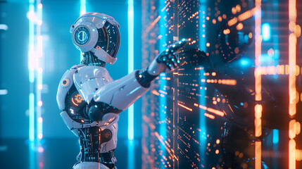 Explore a futuristic cityscape where AI and human connections are made through hands and fingers on touch screens.AI and human minds connect in a futuristic cityscape, fingers and hands interacting