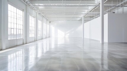 Empty white warehouse interior with clean, open space and a pristine white background, emphasizing the vast, uncluttered area