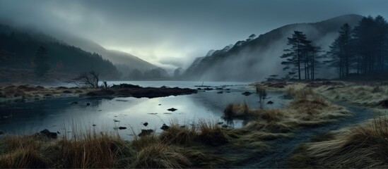 Mist on the evening tarn 6. Copy space image. Place for adding text and design