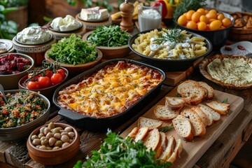 Obraz premium A warm, cozy spread of homemade Italian lasagna in a cast-iron dish surrounded by various sides on a wooden table