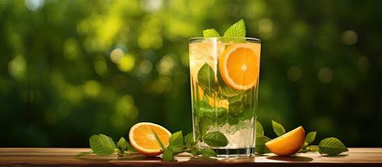 A refreshing citrus beverage combining lemon orange and mint in a clear glass set on a tree stump with a green grass backdrop featuring copy space image
