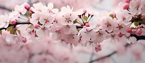 Obraz premium Apple blossoms on a tree in Ilwaco Washington. Copy space image. Place for adding text and design