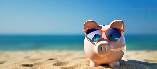 Piggy bank with sunglasses at the beach ideal for summer copy space image - Powered by Adobe