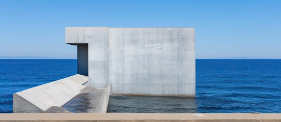 Blue and white concrete structure provides a breakwater for waves and protects the shore with a blank copy space image in the background