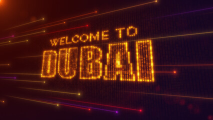 Obraz premium Abstract Futuristic Orange Purple Shiny Perspective Square Hud Mosaic Grid Of Welcome to Dubai Digital Display Text With Dotted Lines Light Flare
