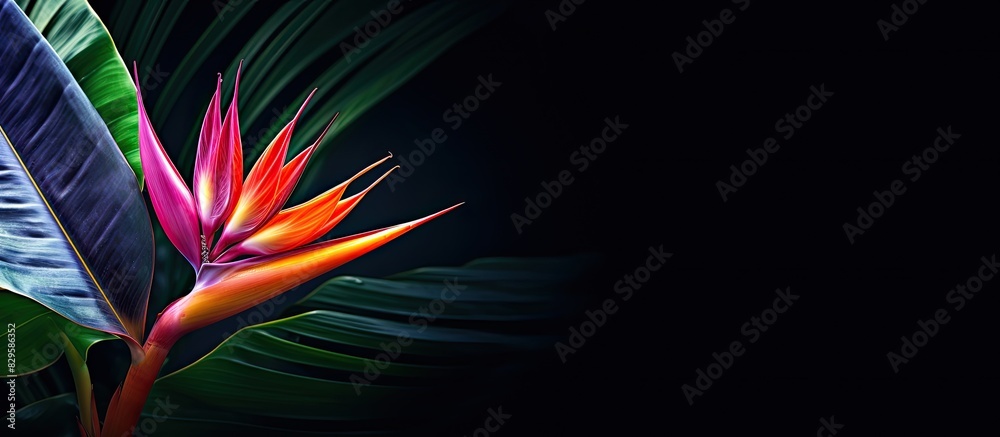 Wall mural tropical leaf adds a vibrant touch to the dark nature background featuring a colorful exotic flower 