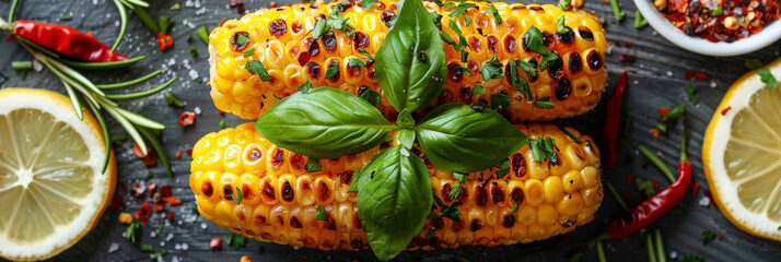 Fototapeta premium Grilled corn on the cob with herbs and lemon slices on a dark background, ideal for summer barbecue or food-related designs.