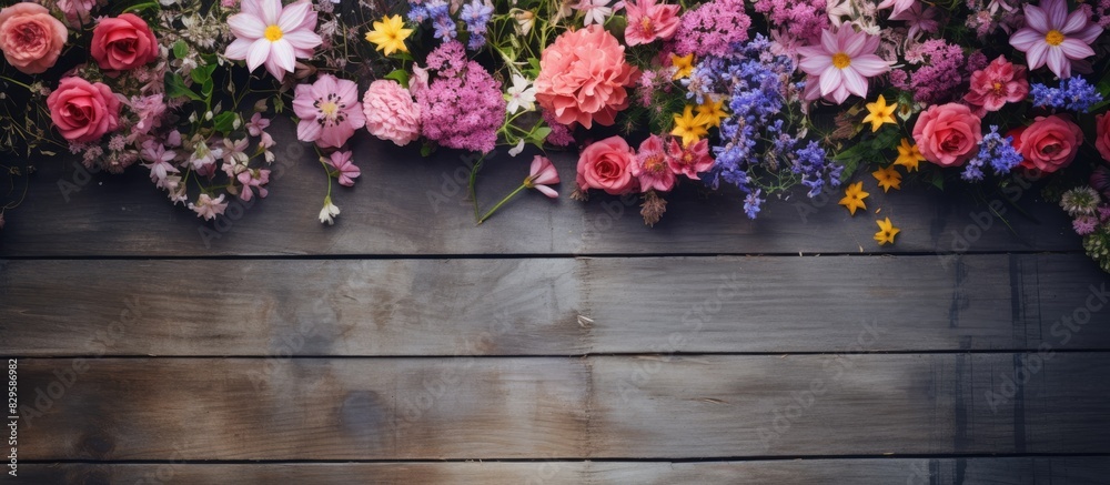 Canvas Prints top down view of garden flowers against a wooden backdrop with ample copy space image available
