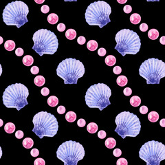 Seamless pattern of a glamour, marine, tropical theme. Blue shells, shiny pink pearls. Watercolor hand drawn illustration. On black background. For decoration and design. For fabric, wrapping paper