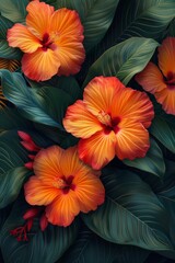 Vibrant Painting of Orange Flowers With Green Leaves