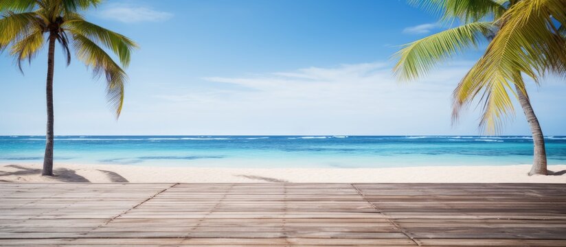 A tranquil beach scene on a sunny day with palm trees and a wooden walkway ideal for a horizontal banner with copy space image