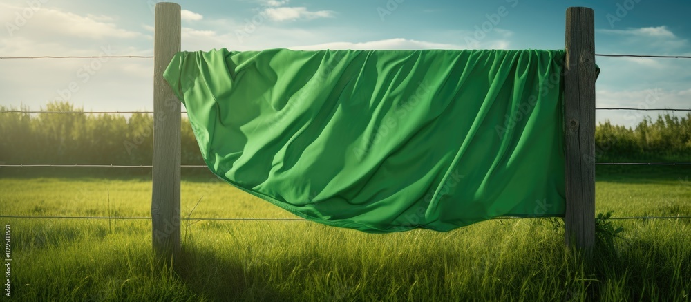 Wall mural cloth left on a fence with copy space image of green grass in the background
