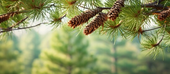 Fototapeta premium Pine branches and cones in a natural setting with copy space image available